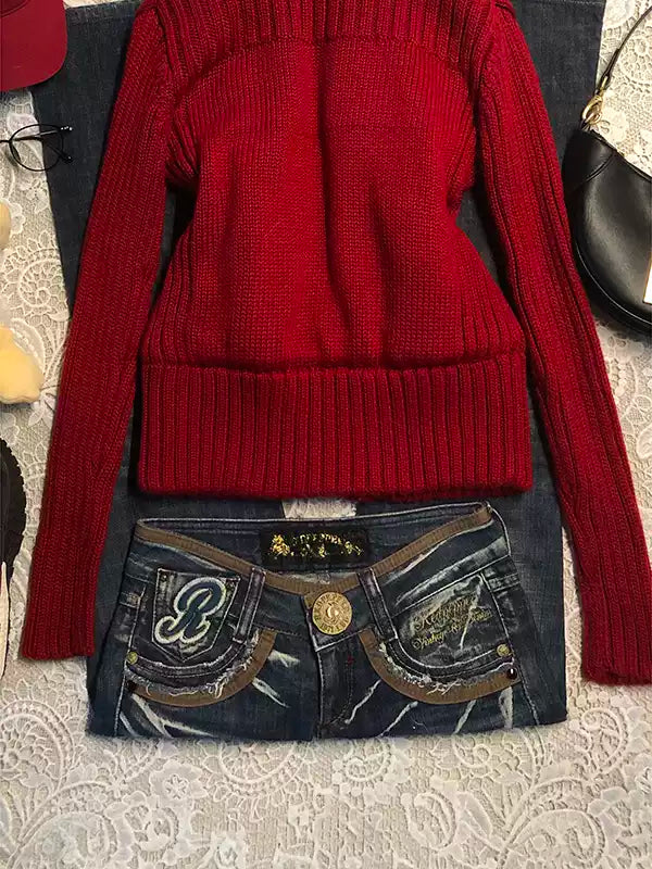 Red hooded knitted cardigan