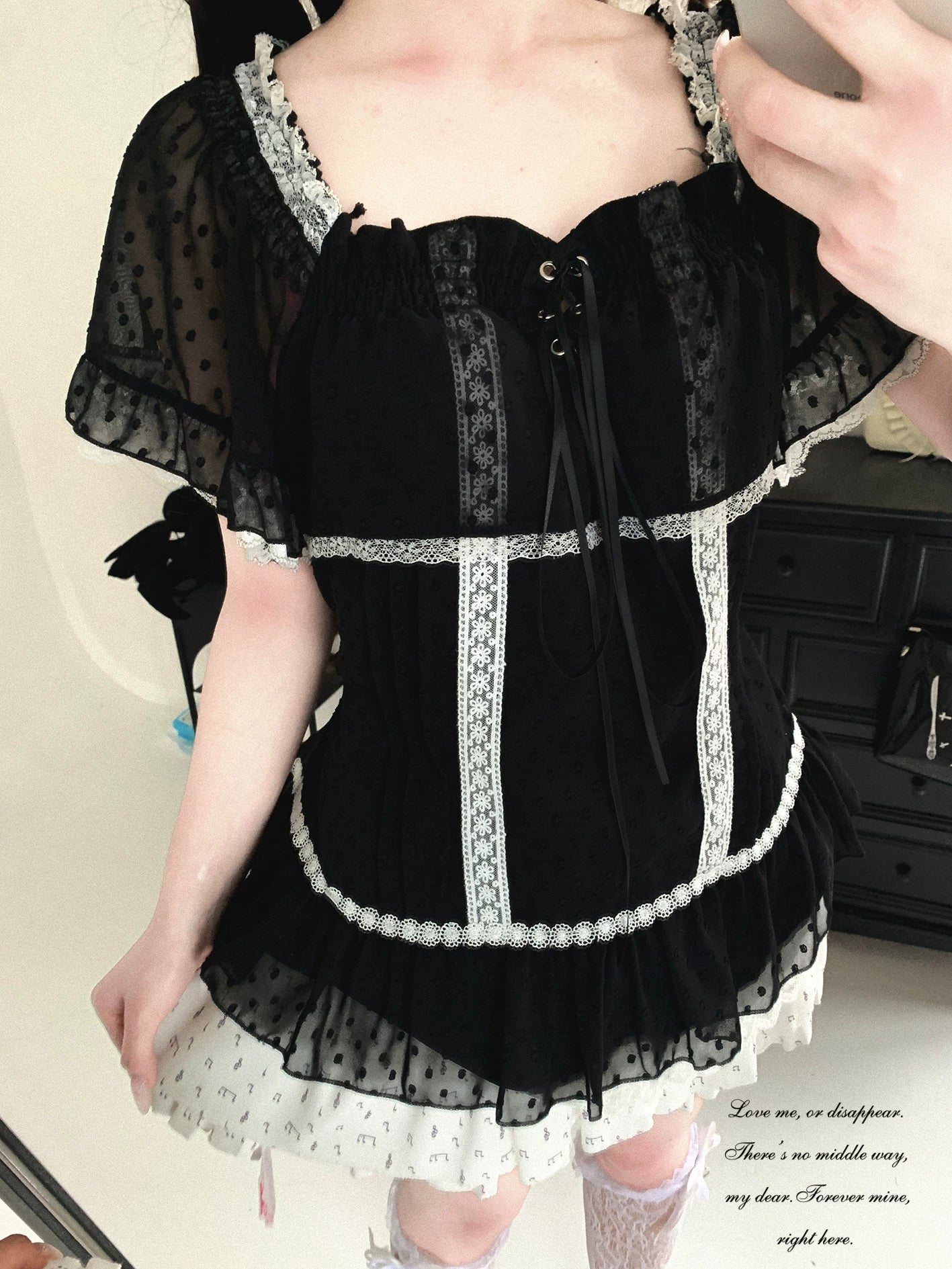 KittyBxllet Original “Misa Saisei” Vintage Nainain Loose-Fit Lace Polka Dot Top with Tie Detail