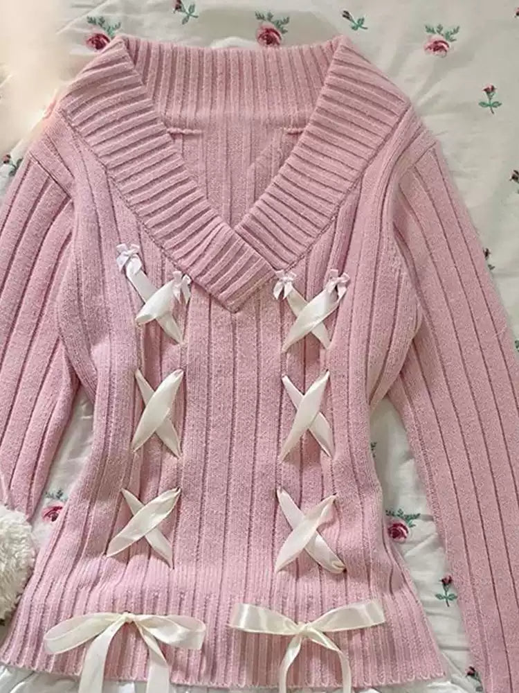 Retro sweet pink V-neck sweater