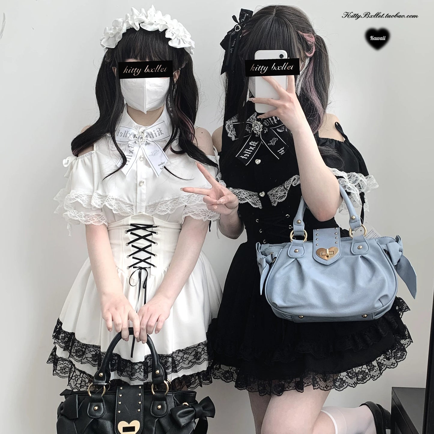 KittyBxllet Original “Heart Gem” Satin Ribbon Lace-Trim Off-Shoulder Tie Blouse