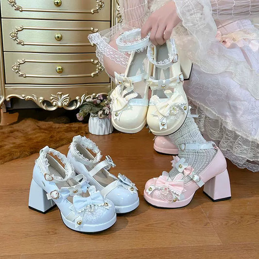 Pearl Rabbit Sweet & Adorable Shoes Lolita Round-Toe High Heels with Bow & Lace for Girls