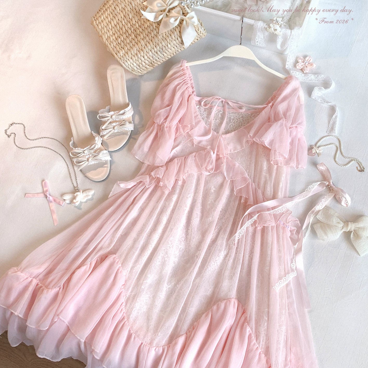 End-of-Season Item Blush Pink Romantic French-Style Ruffle Tie-Front Embellished Soft Lace Dress