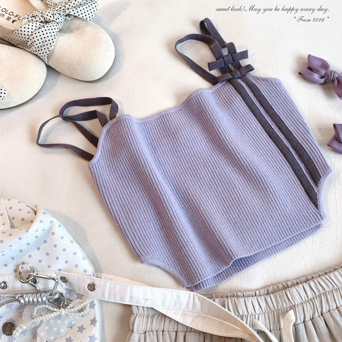 Last-Season Deal: SK—Great Texture—Color-Block Striped Bow Irregular Racerback Knit Cami