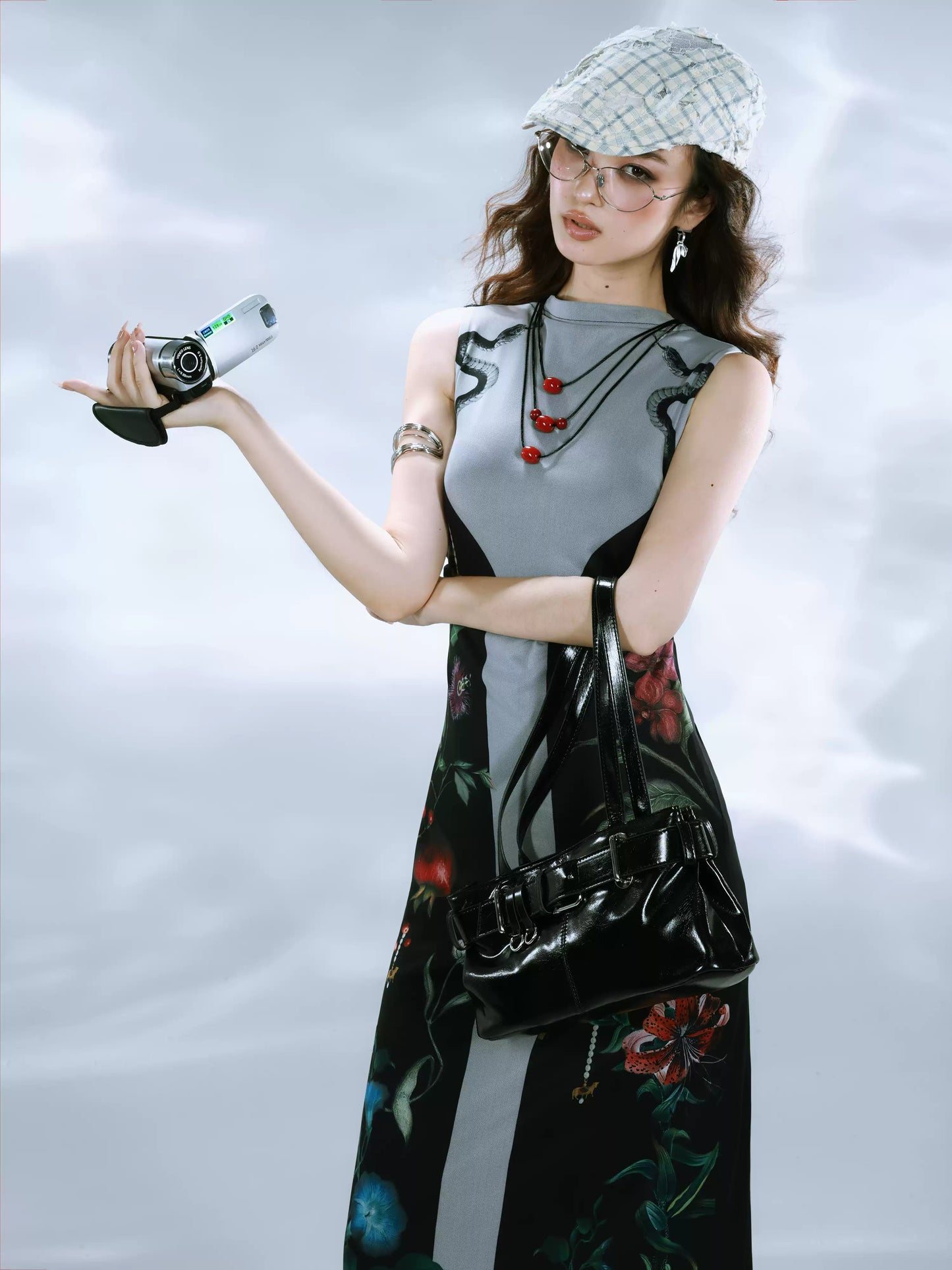 New Chinese Botanical Print Mesh Dress