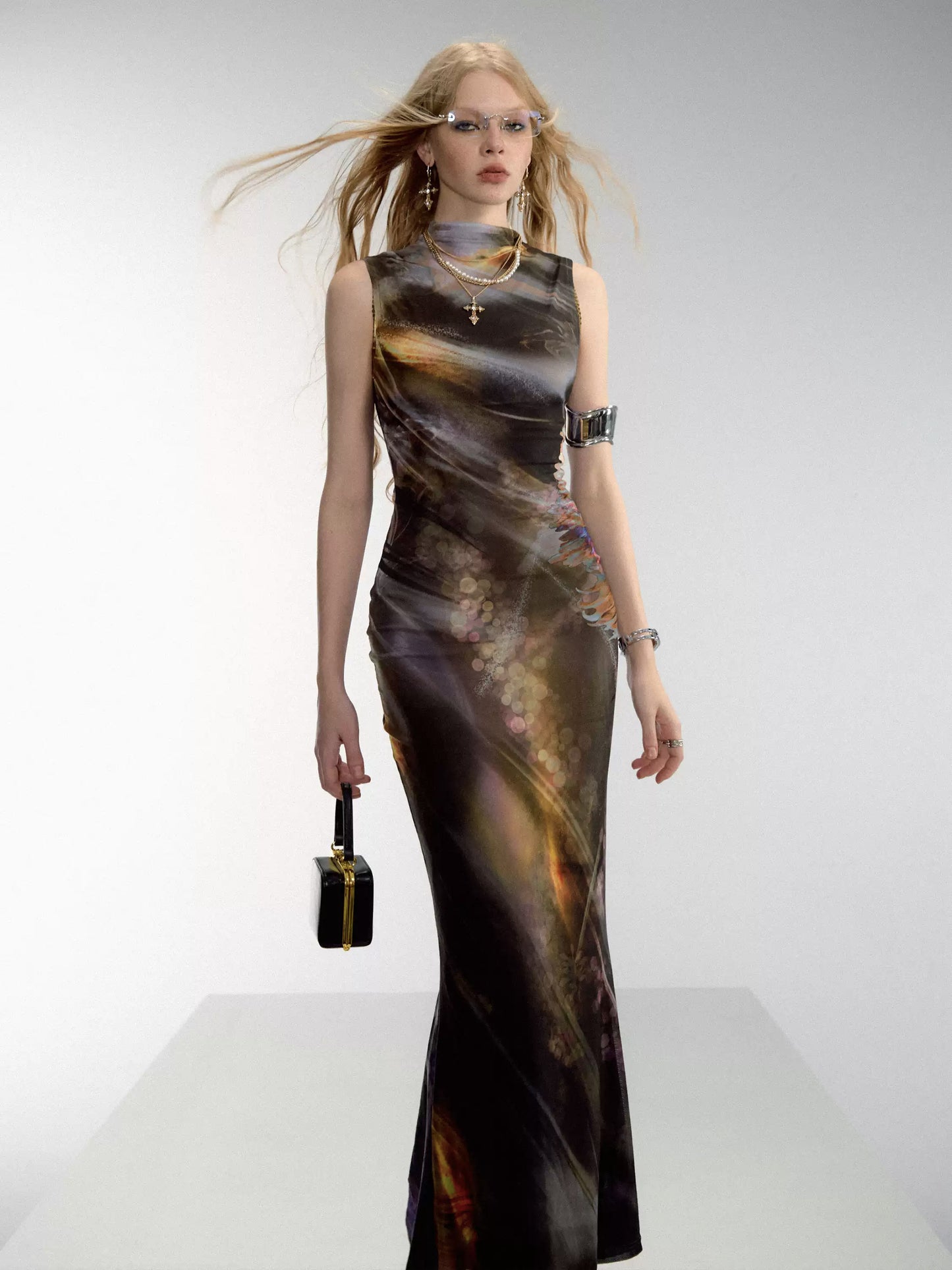 Halo Print Mesh Cheongsam Dress