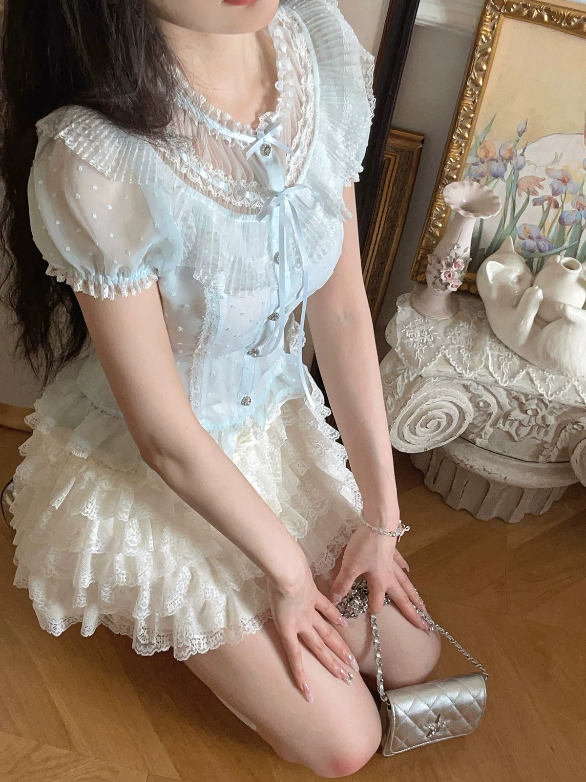 Antique-Style Doll—Dot Tulle Chiffon Top T2333