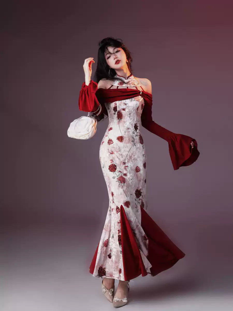 Rose Velvet Printed Fishtail Cheongsam Dress