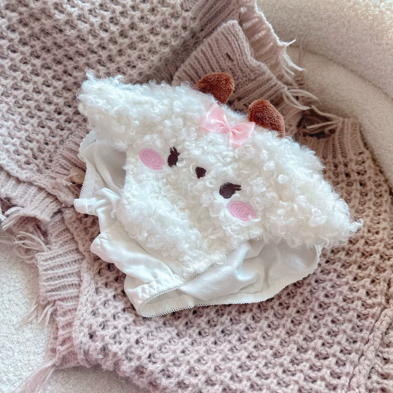 Curly Wool Lamb Japanese-Style Mid-Rise Girl’s Underwear, Pure Cotton Gusset, Cute Sweet Lolita Cozy Breathable for Women
