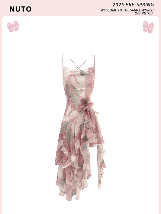 Vacation-Style Pink Floral Print Cami Dress with Flounced Asymmetrical Hem, Figure-Flattering and Slimming