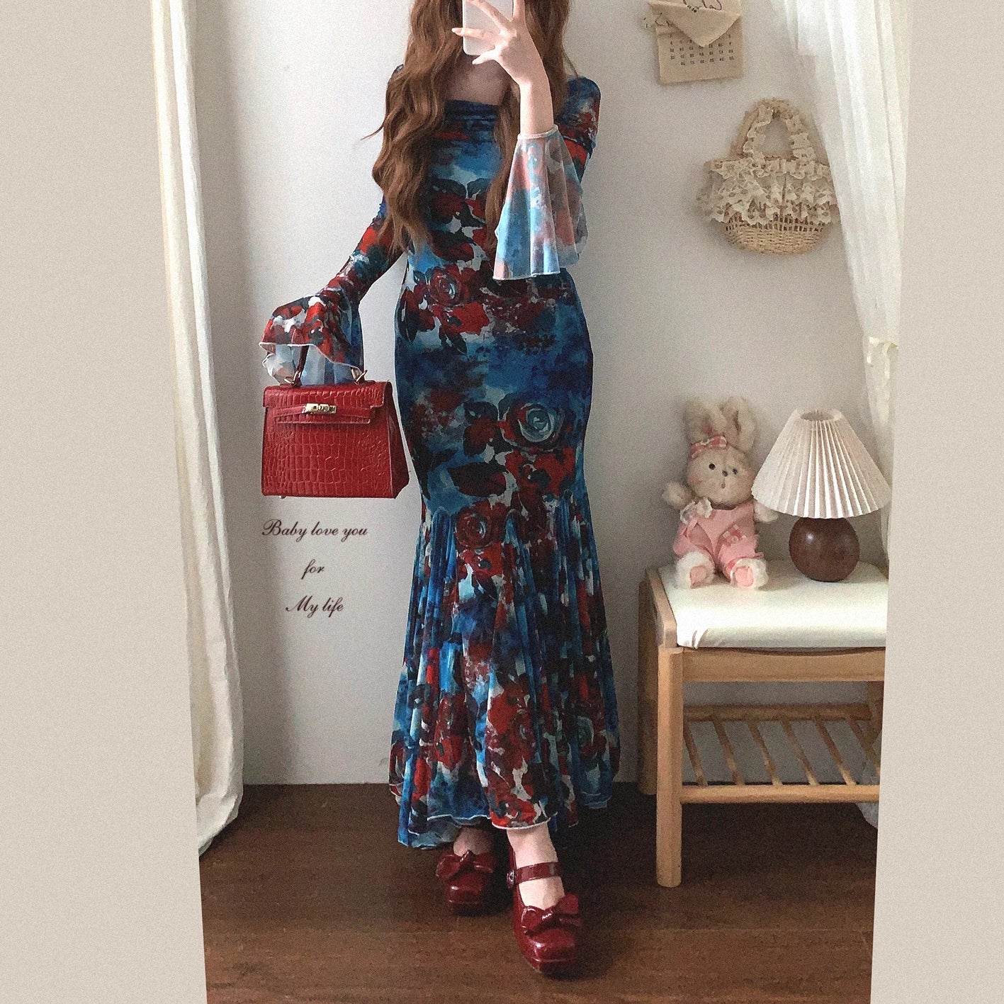 Final-Stock GDRX French Romantic Rose Print Elegant One-Shoulder Off-V-Neck Bell Sleeves Bodycon Mermaid Dress