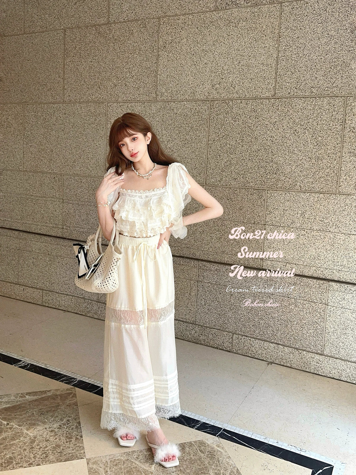 Sicily Holiday French Puff-Sleeve Camisole Embroidered Chiffon Top T2408