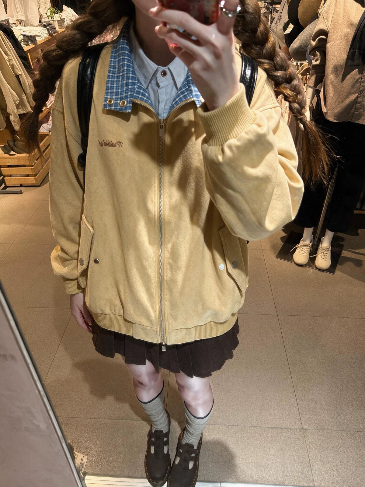 Preppy Plaid-Trim Yellow Faux Suede Lapel Jacket Hoodie for Women, Loose-Fit Fall Baseball Cardigan - Yellow