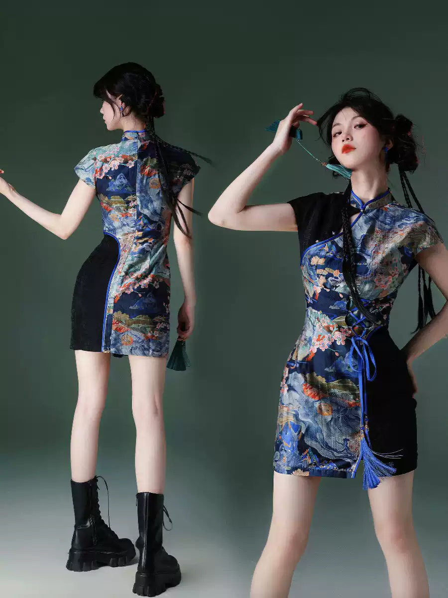 Navy Embroidery Cheongsam Dress