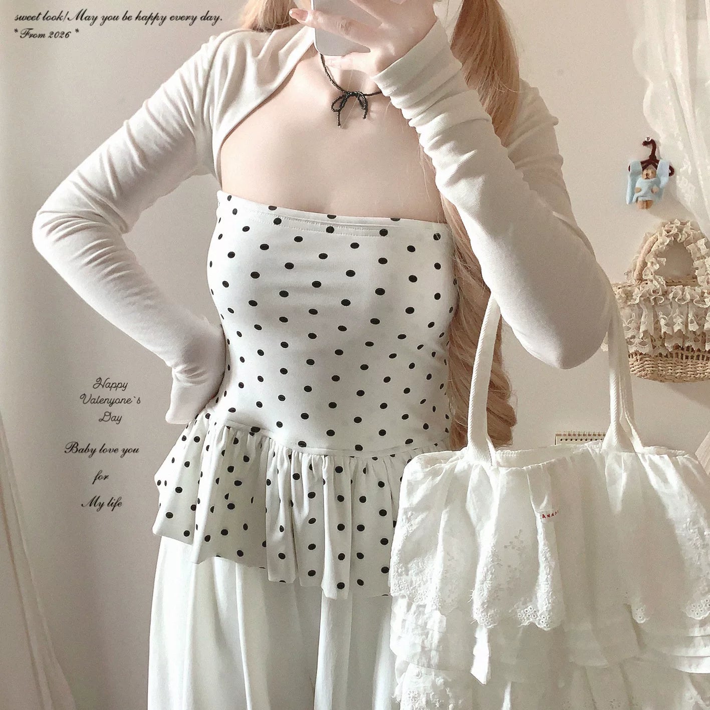 Final-Call Vintage Polka-Dot Sweet & Spicy Girl Style Ruffle-Hem Off-Shoulder Bustier Camisole Two-Piece Set