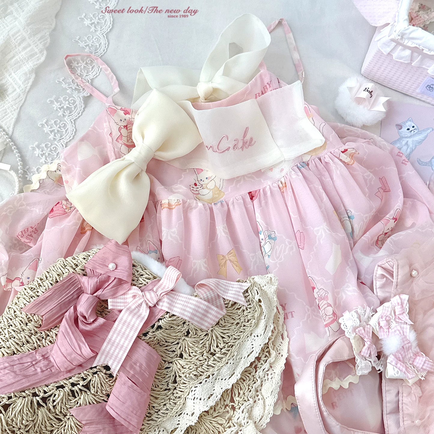 Sleepingdoll Handmade* Cat Milk Cream Satin Dress with Lace-Up Lace-Up Chiffon Bow Embroidery Layered Slip Dress