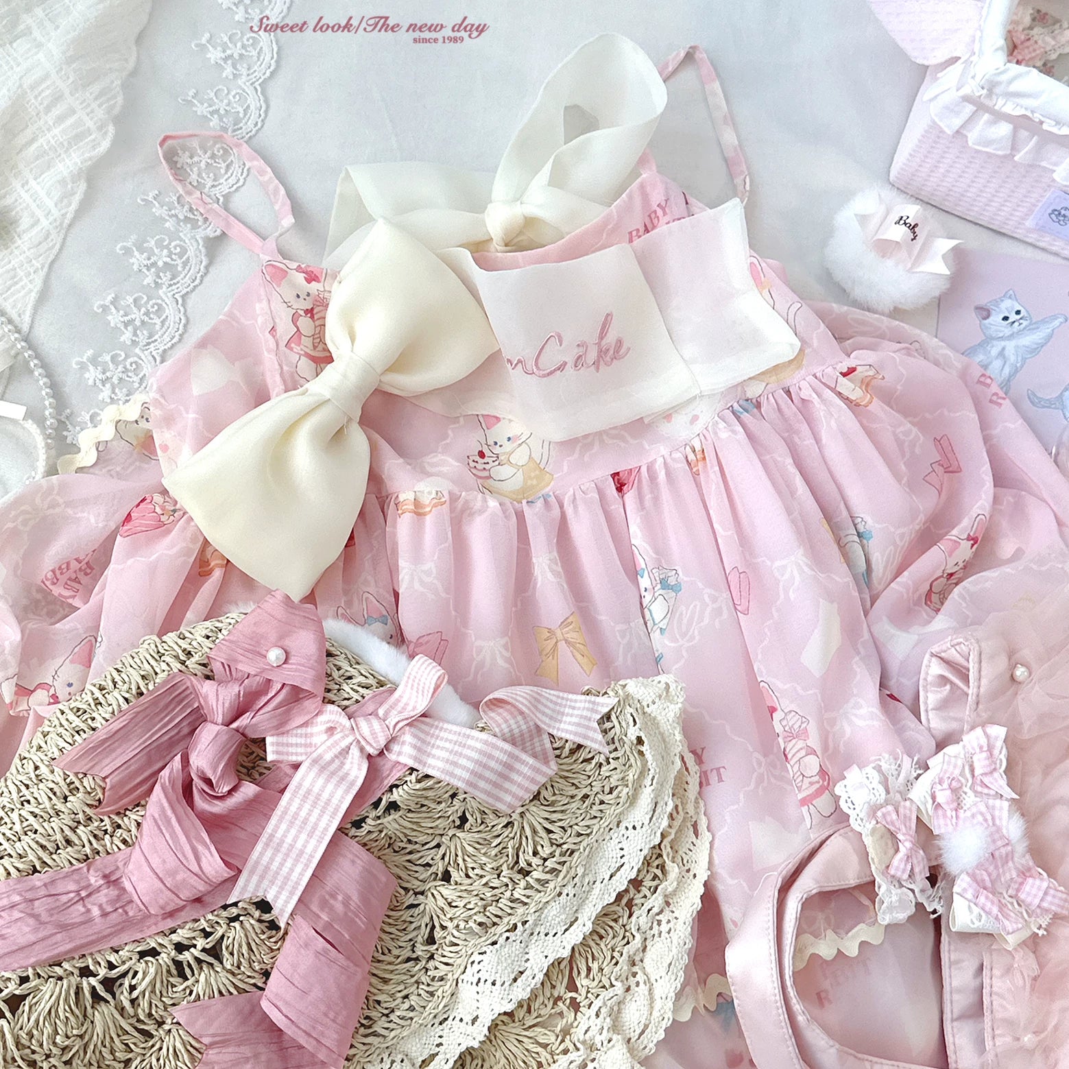 Sleepingdoll Handmade* Cat Milk Cream Satin Dress with Lace-Up Lace-Up Chiffon Bow Embroidery Layered Slip Dress