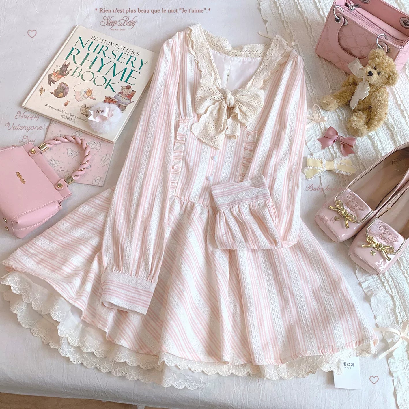 Final-stock Pure-Desire Style Sweet Vintage Lace Tie Bow Striped Patchwork Ruffle-Trim Dress