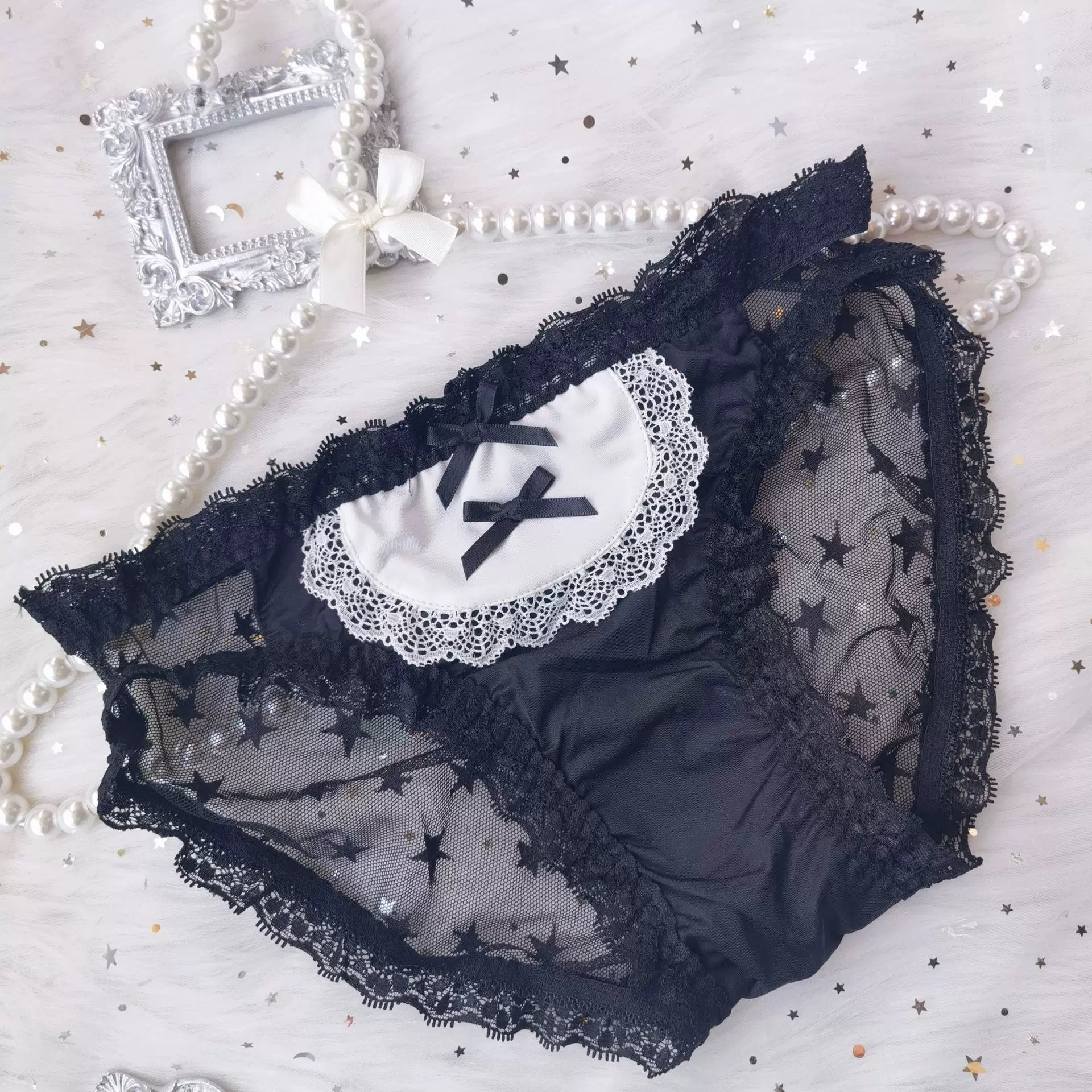 Japanese Lolita School Uniform Maid Ice Silk Panties (Dark Low-Rise) with Bow, Lace Lolita-Style Triangle Panties
