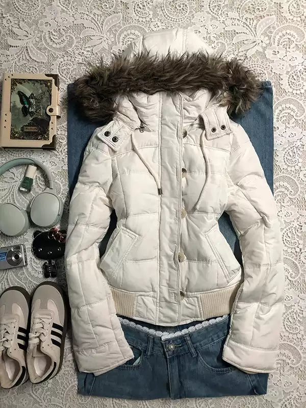 white hooded cotton-padded jacket