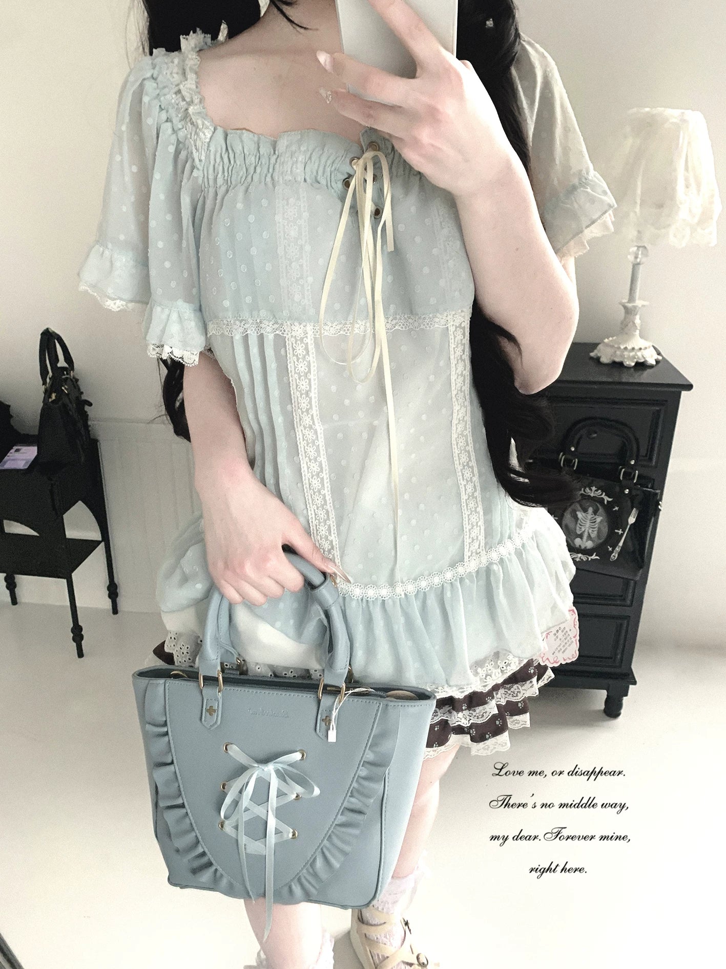 KittyBxllet Original “Misa Saisei” Vintage Nainain Loose-Fit Lace Polka Dot Top with Tie Detail