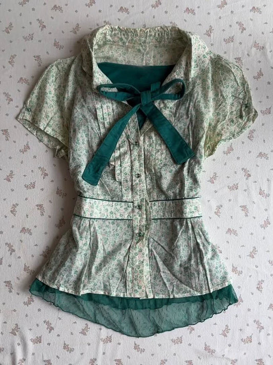 Green Floral Literary Vintage Peter Pan Collar Short Sleeve Shirt & Cami Vest Two-Piece Set for Summer Women