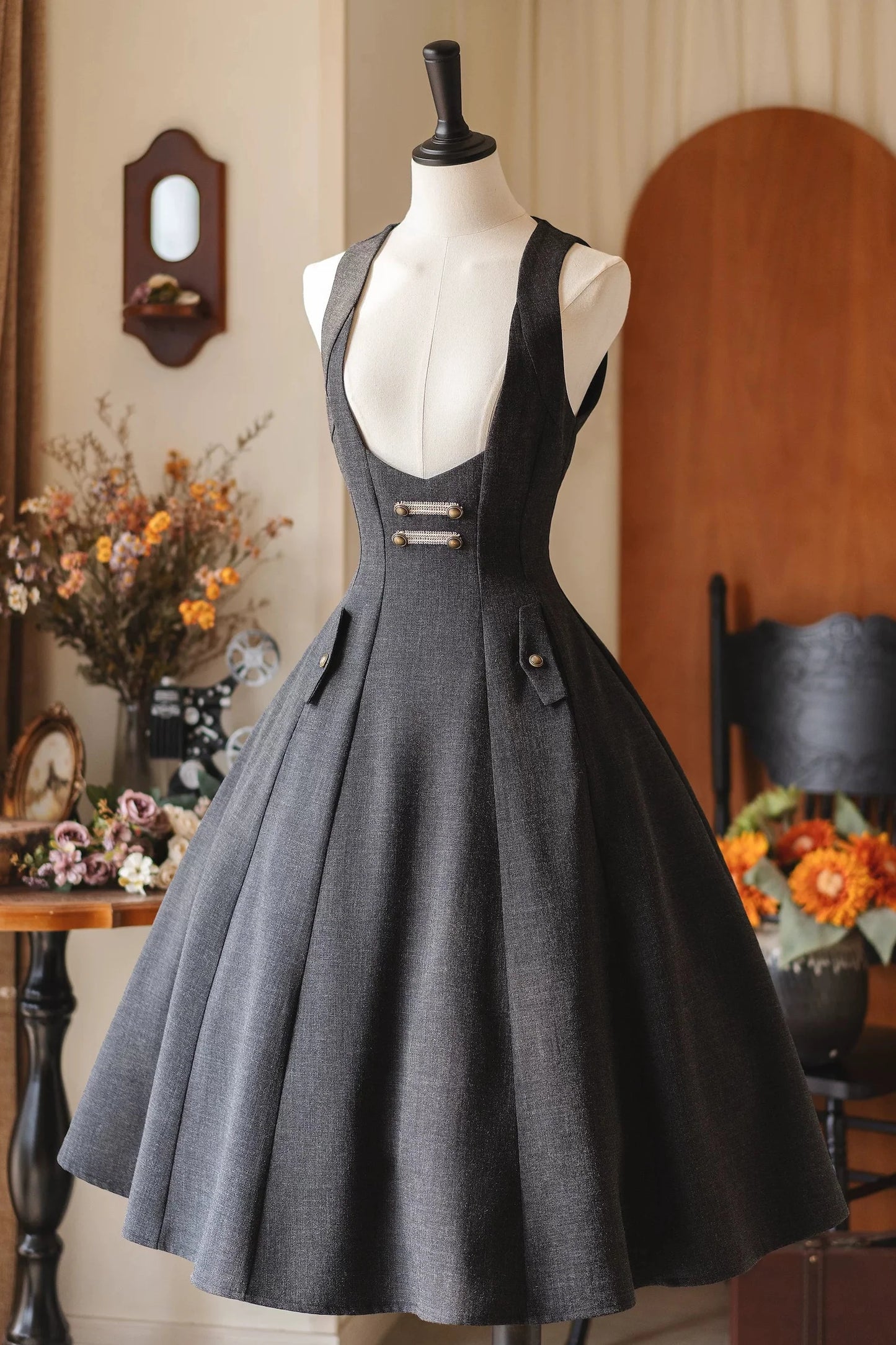 Retro Waist Cinching Suspender Skirt