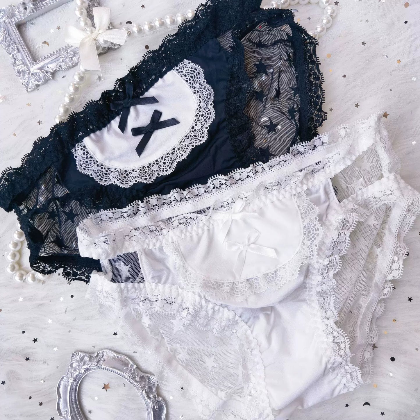 Japanese Lolita School Uniform Maid Ice Silk Panties (Dark Low-Rise) with Bow, Lace Lolita-Style Triangle Panties