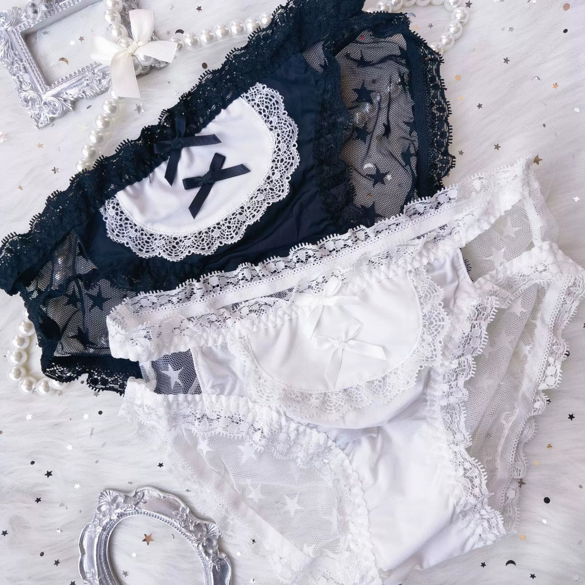 Japanese Lolita School Uniform Maid Ice Silk Panties (Dark Low-Rise) with Bow, Lace Lolita-Style Triangle Panties