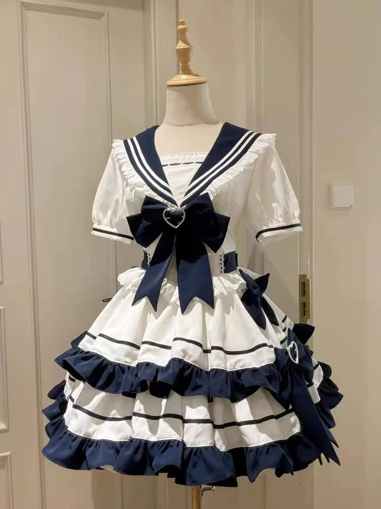Seaside Cosplay Navy-Style Gingham Dusty Blue Youthful Energetic Girl JK Cake Tulle Puff Dress Lolita