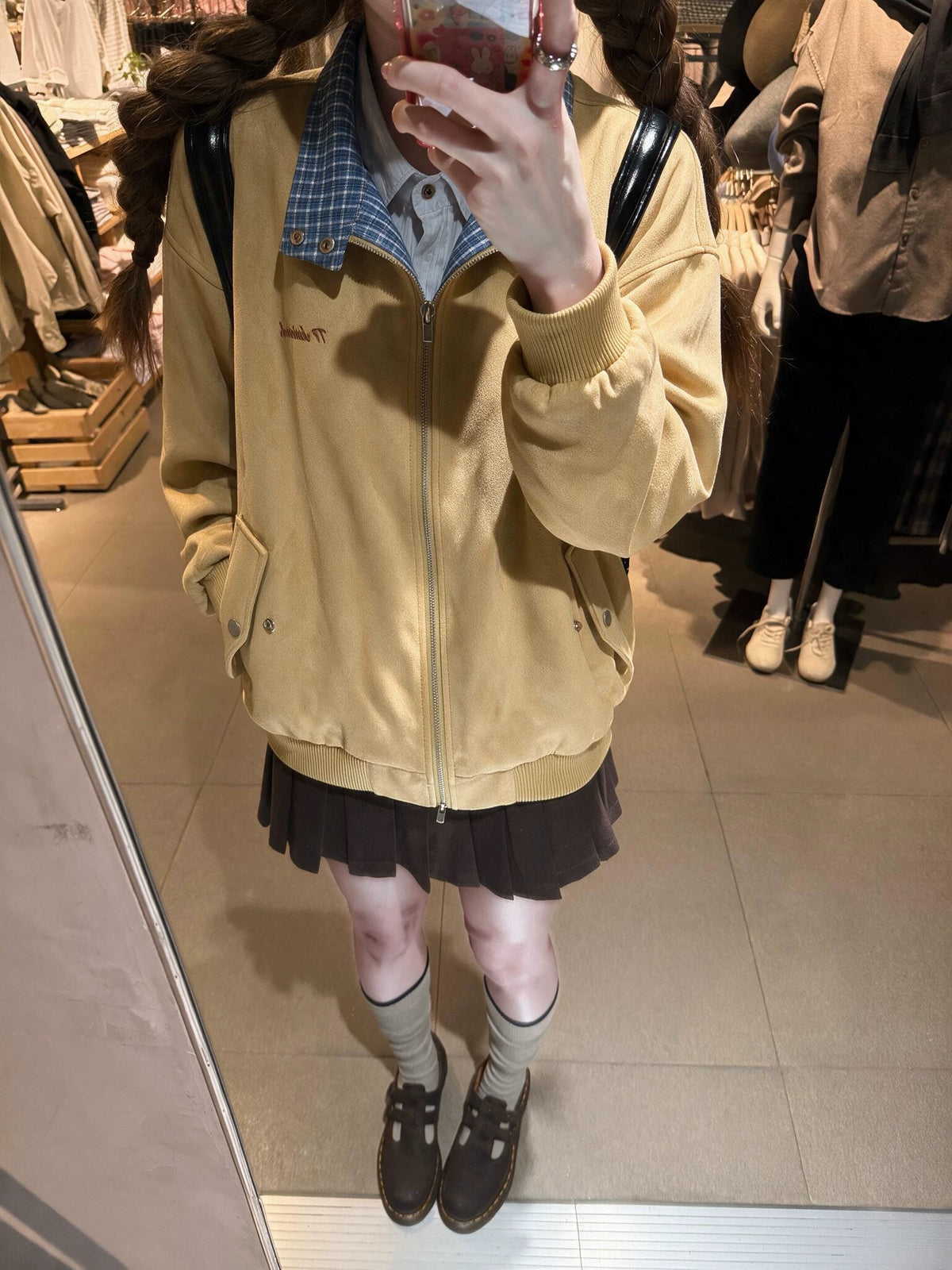Preppy Plaid-Trim Yellow Faux Suede Lapel Jacket Hoodie for Women, Loose-Fit Fall Baseball Cardigan