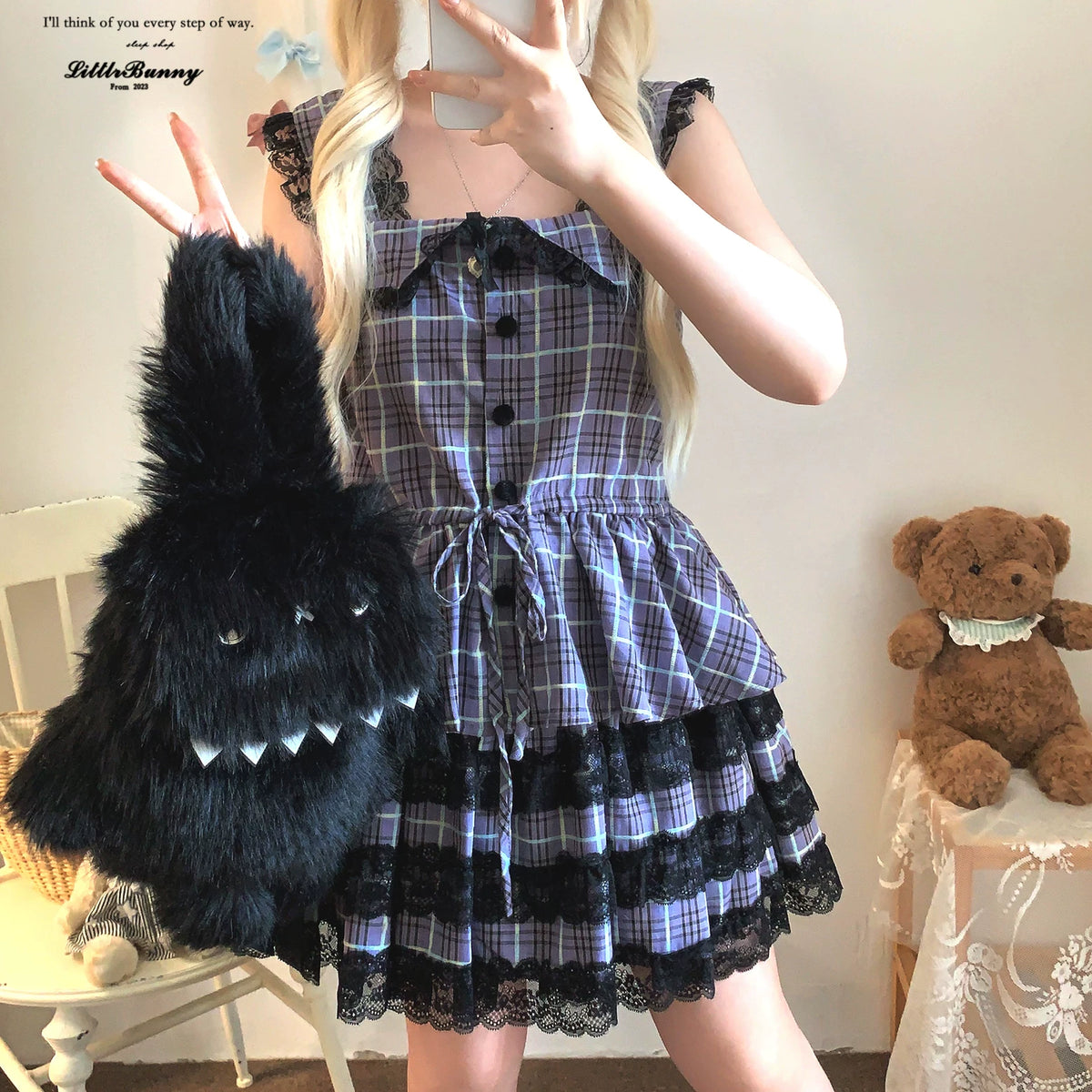 Sleepingdoll Handcrafted* Shadow Little Rabbit Plaid Dark Goth Lolita Lace Camisole Skirt Set