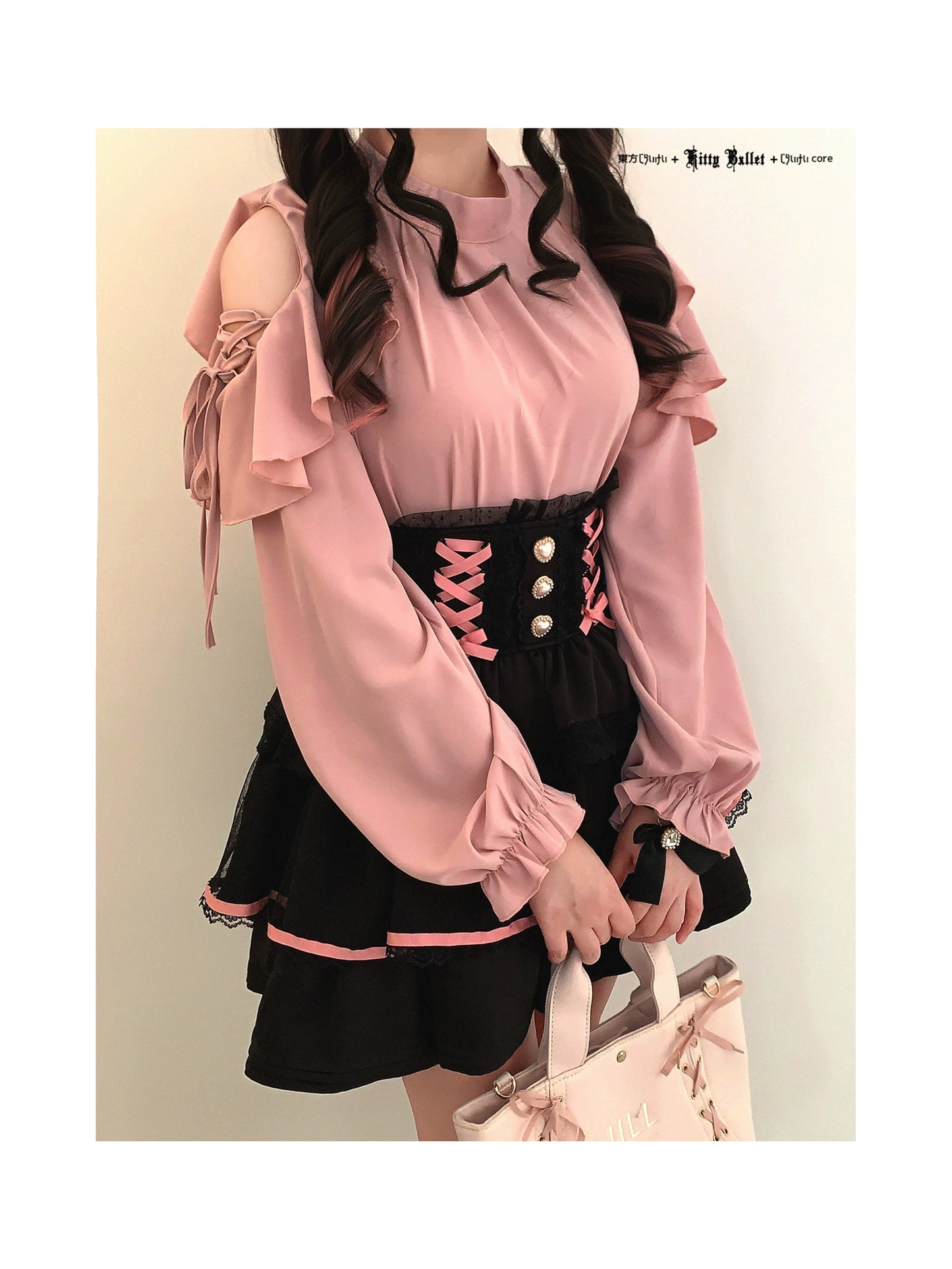 KittyBxllet Original “Ribbon Girl” Off-Shoulder Tie-Up Chiffon Top with Lace Trim Ruffles Long Sleeves