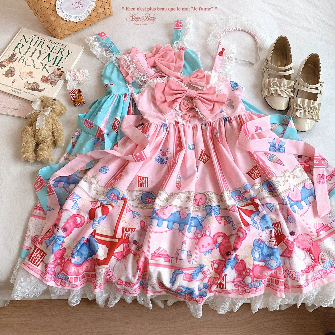 Last-Call BTSN Adorable Popcorn Bear & Bunny Print Patchwork Lace Bow Lolita Dress *f
