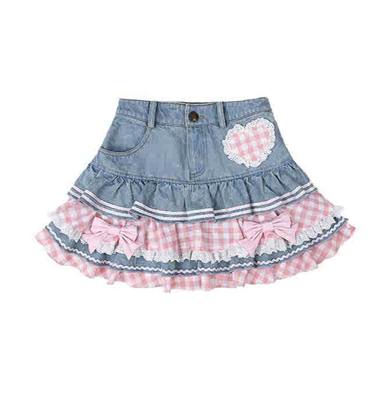 Coquette Pink Plaid Ruffled Denim Skirt