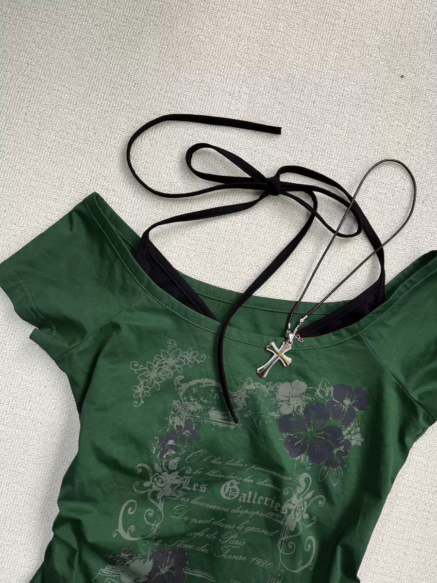 Green spliced fake two-piece T-shirt