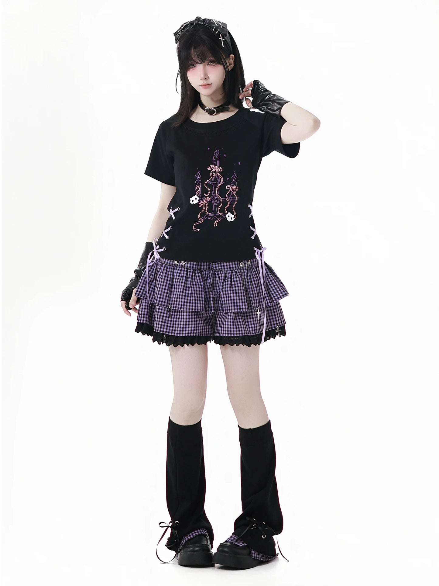 Ready Stock & Fast Shipping 【Interwoven Dreamscape】 Purple Grid Summer Waist-Cinching Color-Block Slimming Cute Short-Sleeve Two-Piece Set