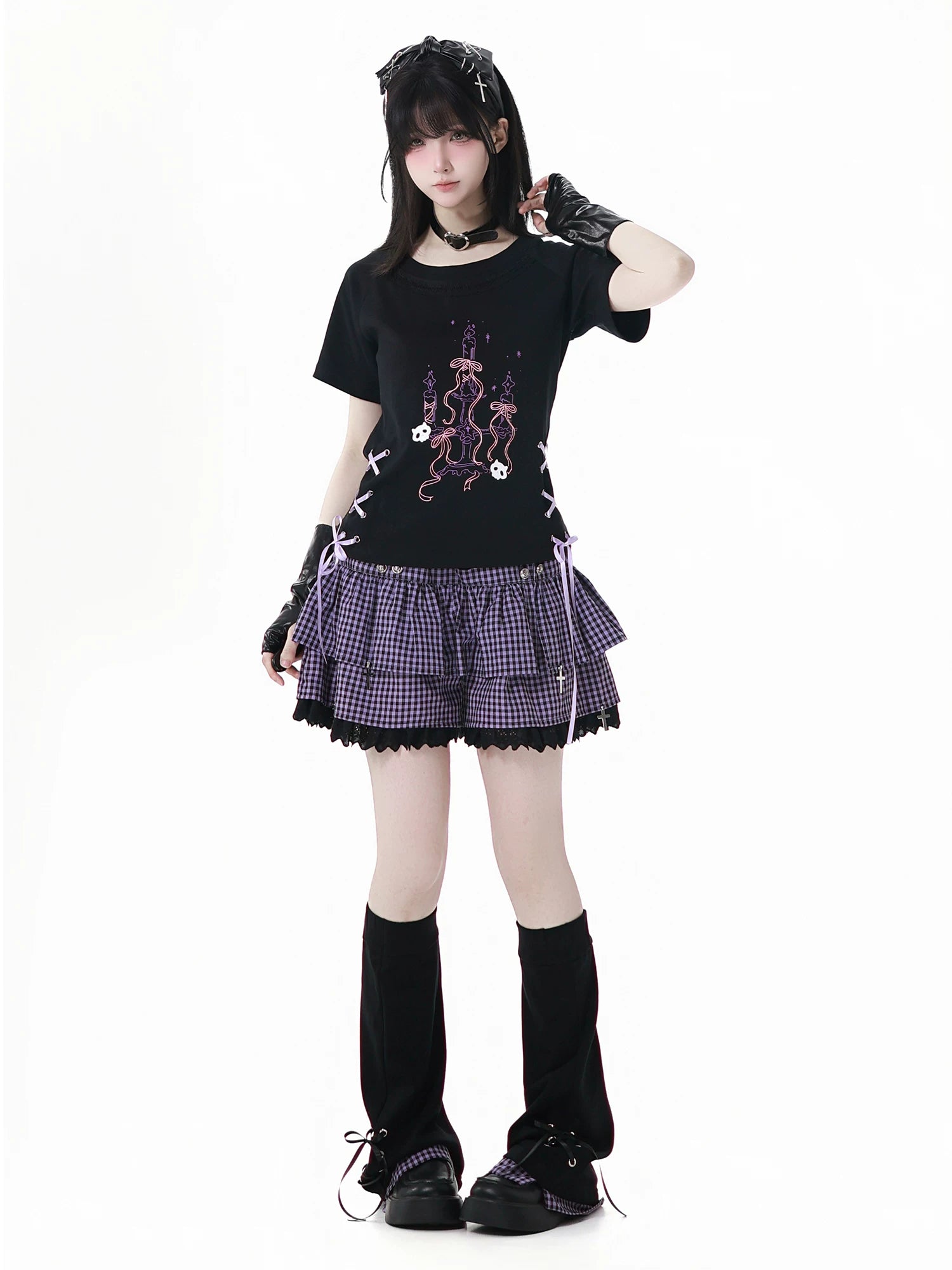 Ready Stock & Fast Shipping 【Interwoven Dreamscape】 Purple Grid Summer Waist-Cinching Color-Block Slimming Cute Short-Sleeve Two-Piece Set