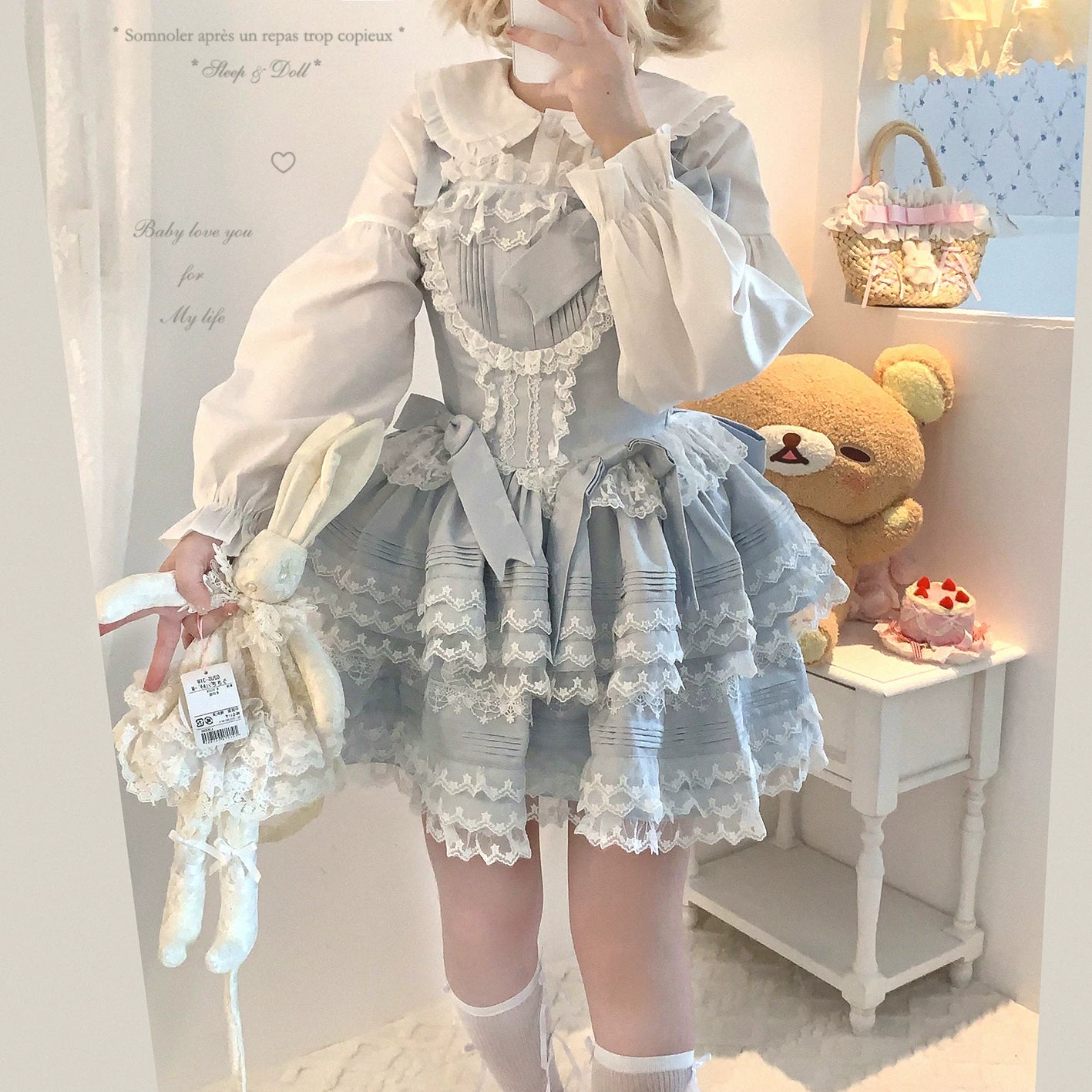 Last-Stock xcy Sweet Girl Butterfly Bow Embossed Star Pattern Lace Layered Puffy Cake Slip Dress