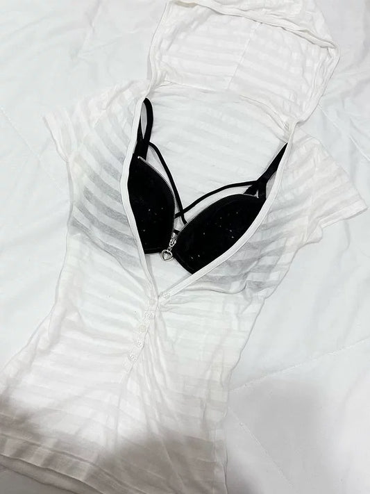 Vintage Y2K Spicy Babe White Striped Crop Top Hoodie T-Shirt, Summer 2026 Slimming High-End Style
