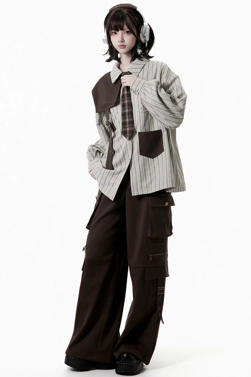 Striped Shirt Dress + Shirt + Cargo Pants + Tie