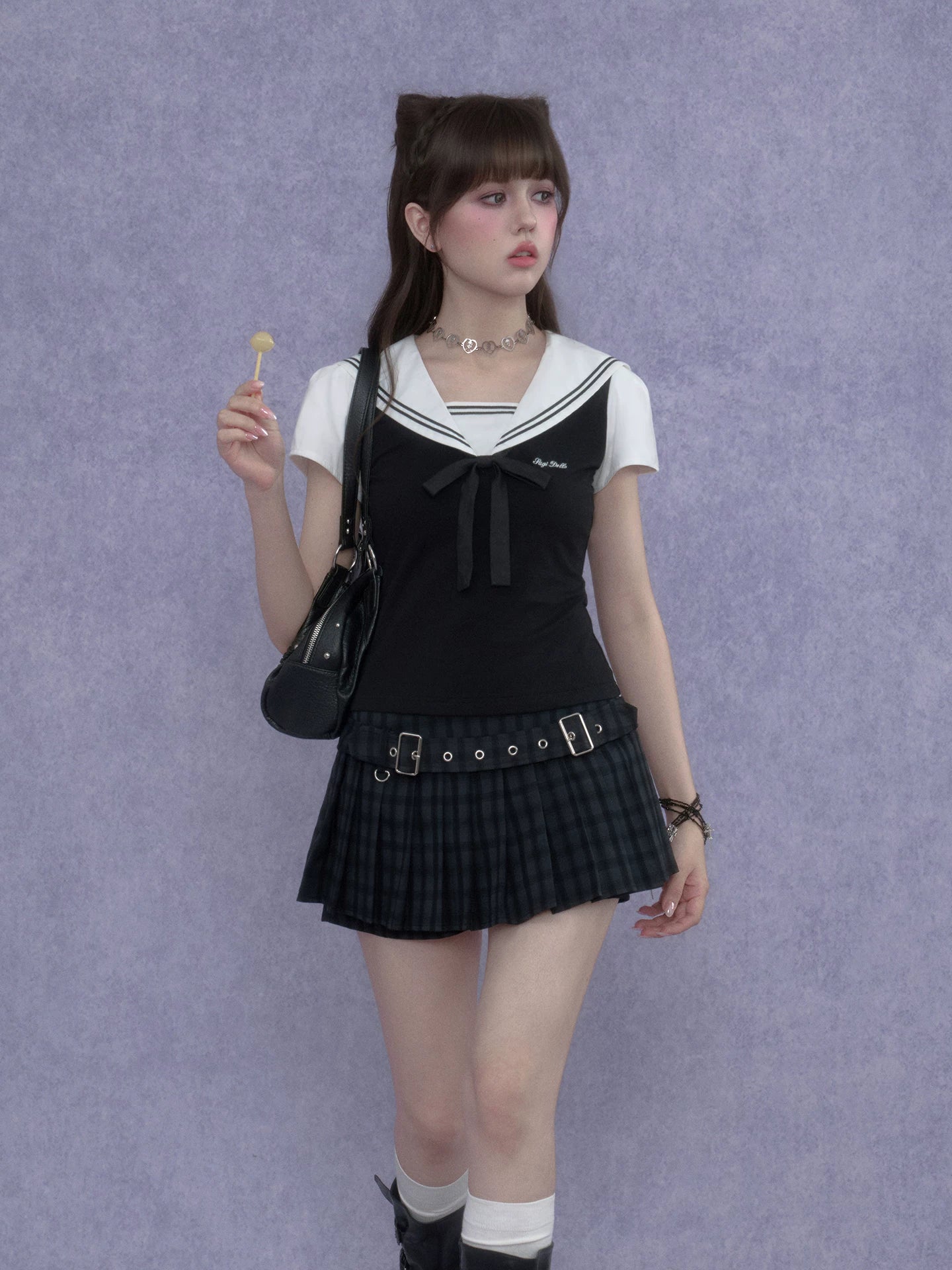 SagiDolls Girls’ Sweet & Spicy Y2K College Style Black-and-White Sailor Collar Top Fitted Flattering Slimming Versatile for Summer