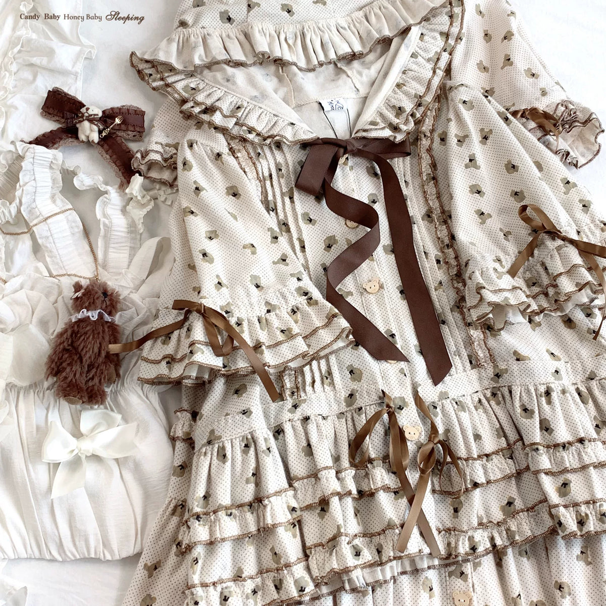 sleepingdoll Handmade: Lili Bear Cute Polka Dot Bear Bonnet Collar Layered Dress