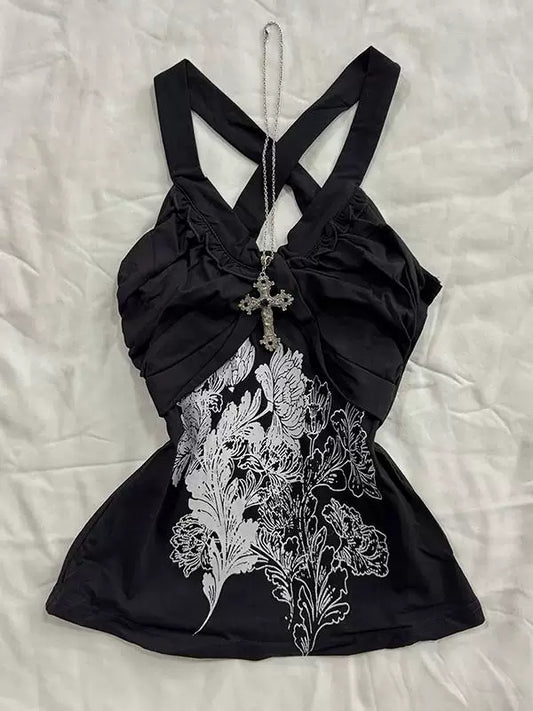 Gothic Rose Original Unique Stunning Black Cami Top for Women – Vintage-Inspired, Figure-Flattering Slim Fit, Sleeveless, Summer