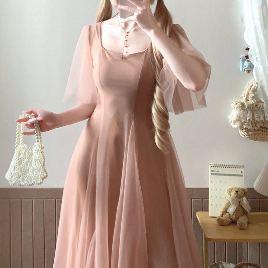 Final Clearance Soft Mist Chiffon Gentle Chic Square Neck Elegant Slim-Fit Midi Dress