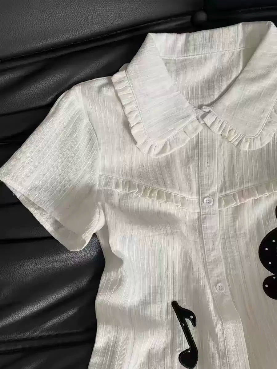 Korean-style Girls’ Note Embroidery White Peter Pan Collar Short-Sleeve Shirt for Women, Summer Light Slim-Fit Blouse