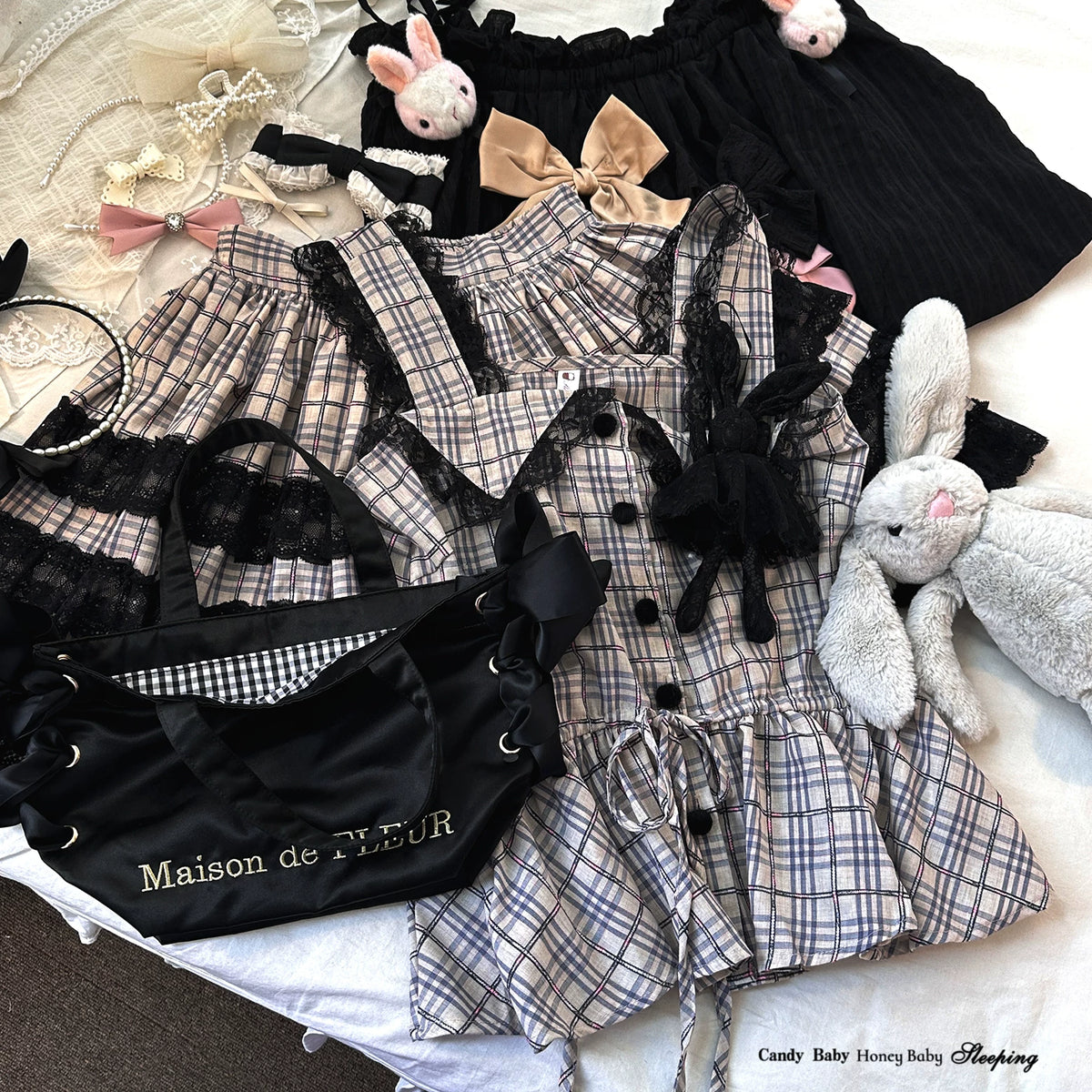 Sleepingdoll Handcrafted* Shadow Little Rabbit Plaid Dark Goth Lolita Lace Camisole Skirt Set