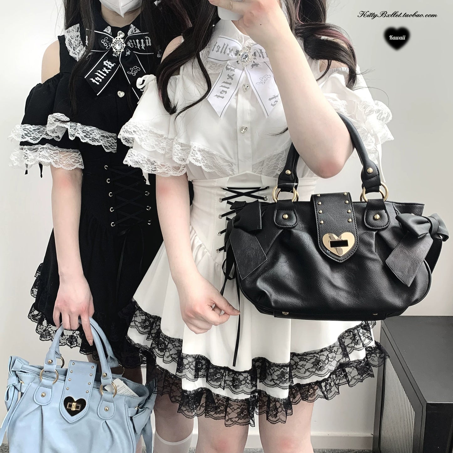 KittyBxllet Original “Heart Gem” Satin Ribbon Lace-Trim Off-Shoulder Tie Blouse