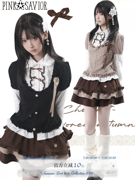 pinksavior【Rose Blush】Soft Knit Two-Piece-Look Top with Lace Ruffle Cake Skirt