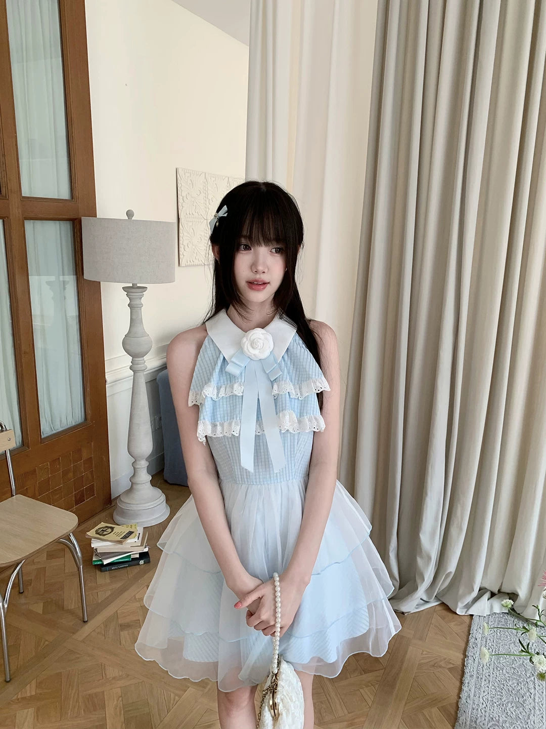 LaLa Sauce Dreaming Mirror Sea Salt Girl Off-Shoulder Dress with Camellia, Butterfly Bow, Mesh Tulle Cake Princess Skirt