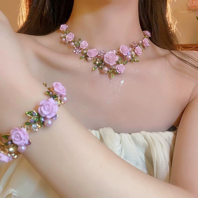 Pearl Collar Necklace with Pink Flowers for Women, Bold Statement Neckwear, 2026 New Fashion Accessory - Purple Set 1 Necklace + Bracelet